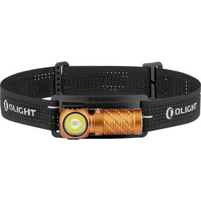 En sort og orange pandlelampe med justerbar strop, udstyret med en LED-pære og mærkebranding, egnet til udendørsaktiviteter.