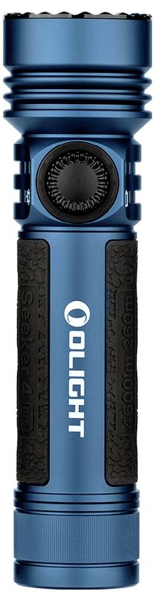 En blå Olight lommelygte med struktureret sort greb, designet til forbedret holdbarhed og komfort ved håndholdt brug.