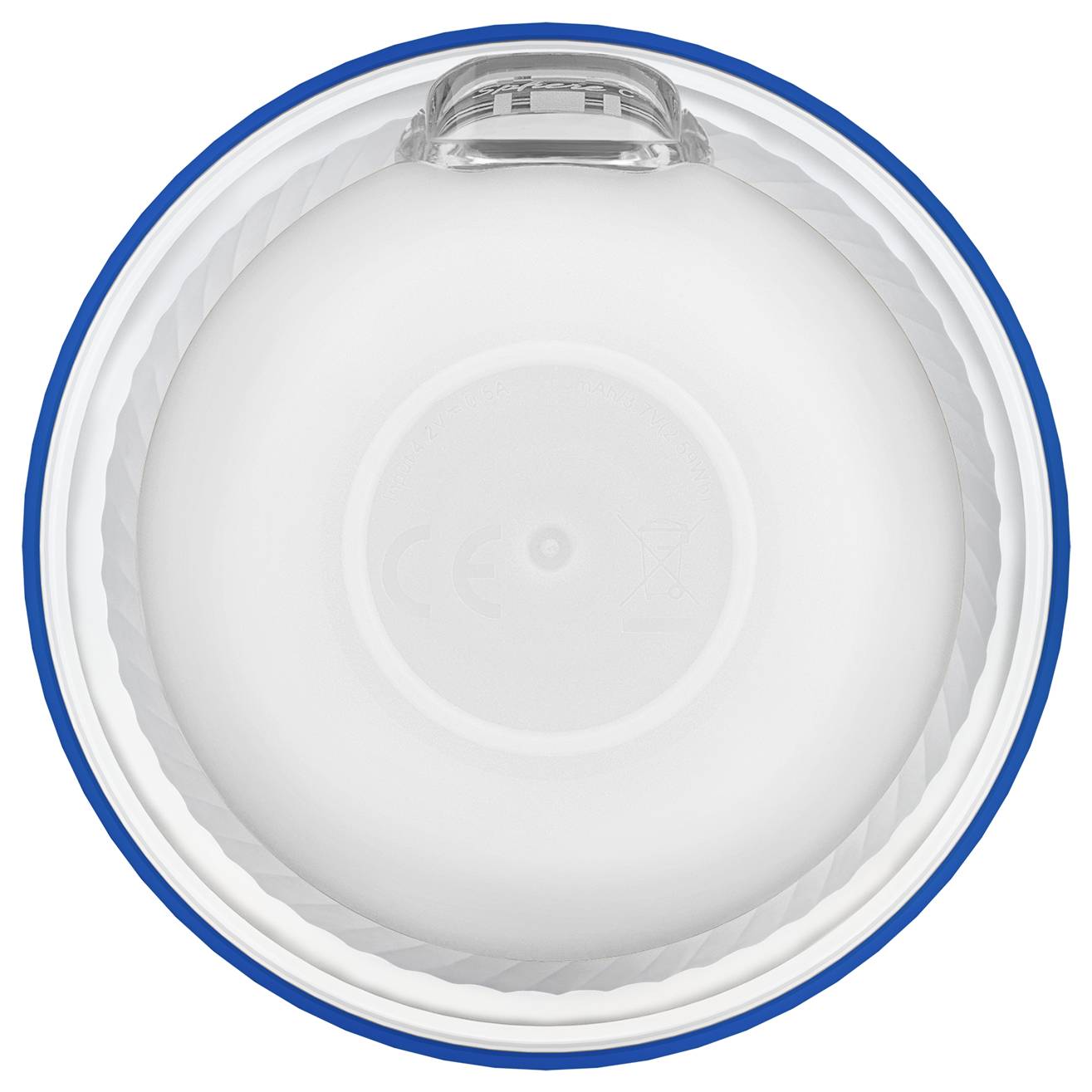 Topview af en rund LED-pære med en klar kuppel og struktureret indre overflade, placeret mod en hvid baggrund.