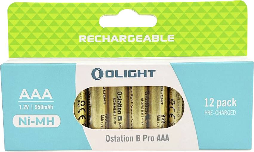 'OLIGHT' pakke med 12 forudladede Ni-MH AAA-batterier, 1,2V, 950mAh, mærket 'Genopladelig' og 'Ostation B Pro AAA'.