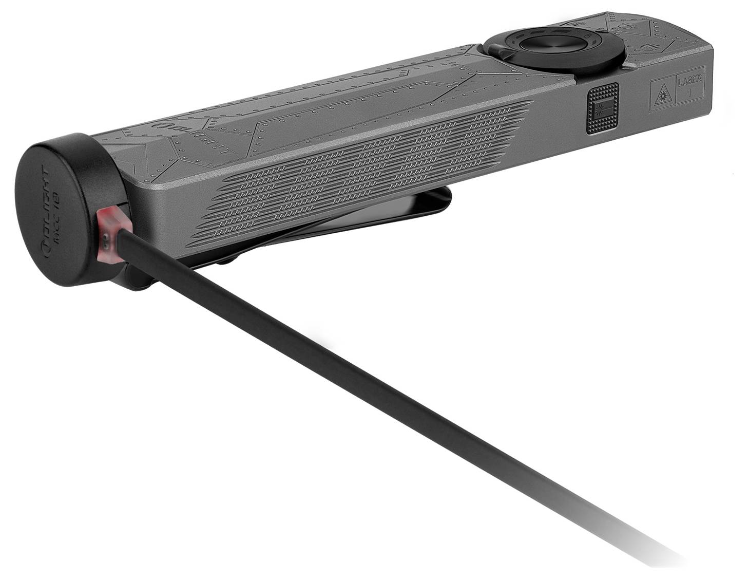 En kompakt lasermåleinstrument med et digitalt display og en lang, tynd målestang, der stikker ud fra det, designet til præcisionsmåling.