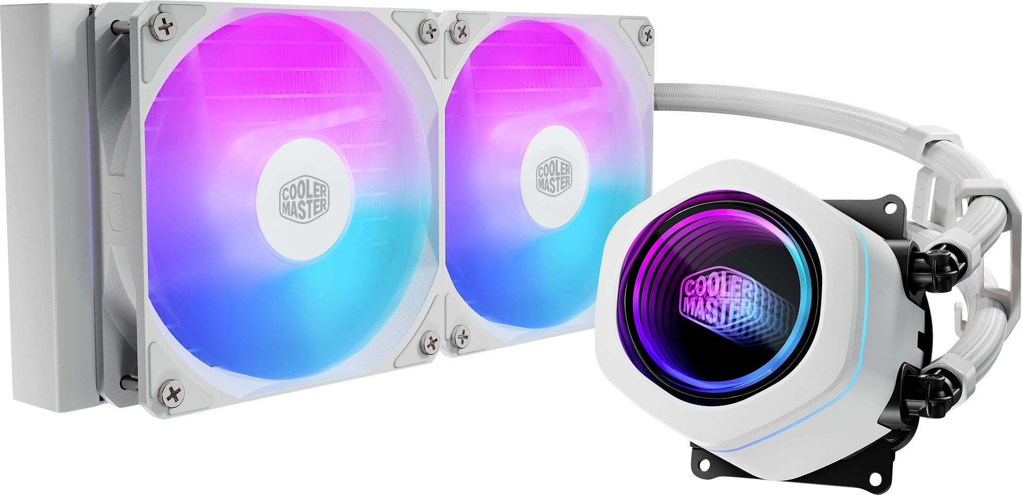 RGB væske-CPU-køler med to illuminerede blæsere på en radiator og en lysende pumpeblok, vist på hvid baggrund.