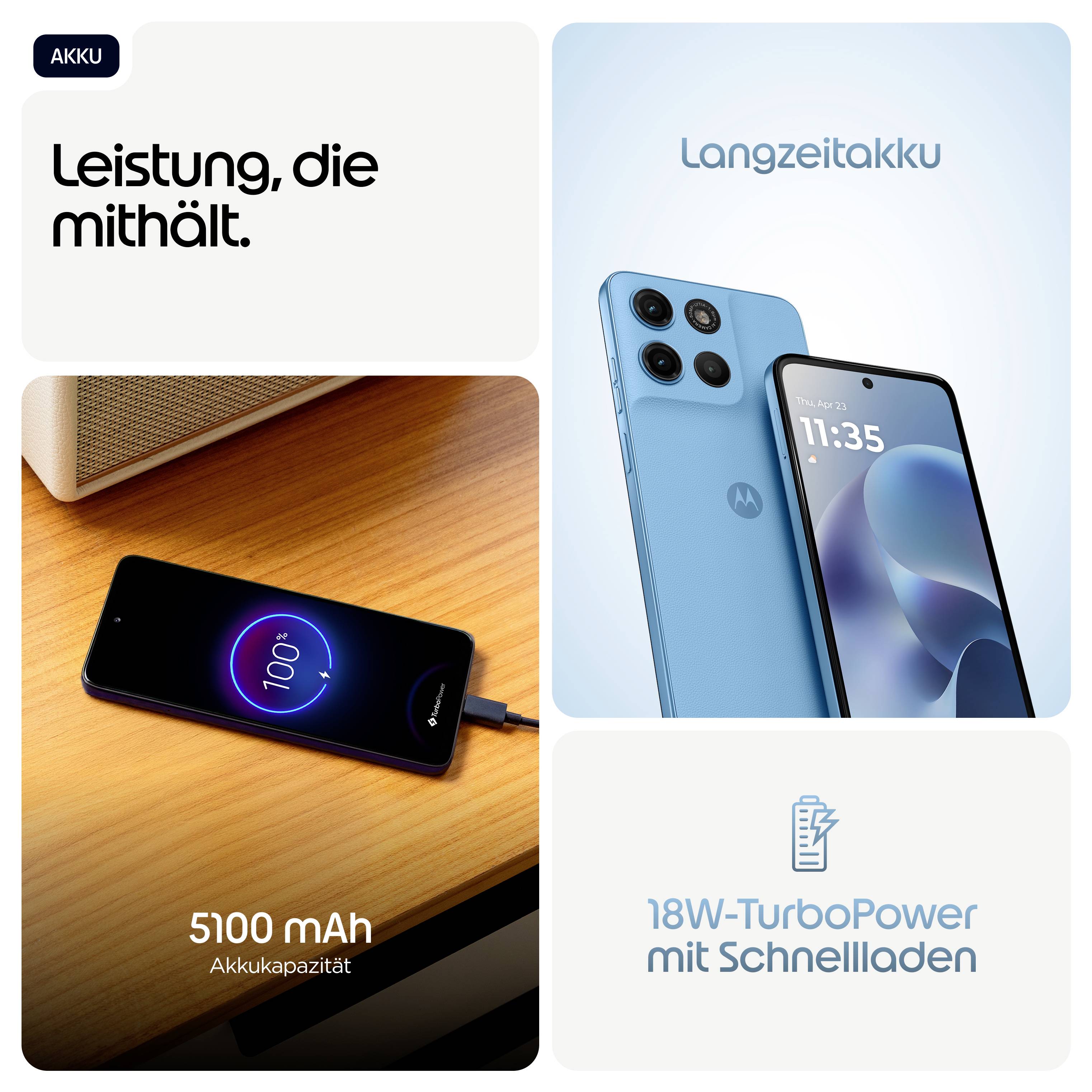 Smartphone med blåt kabinet, viser 11:35. Titel: 'Ydeevne, der følger med'. 5100 mAh batteri, 18W hurtiglading, langtidsbatteri.