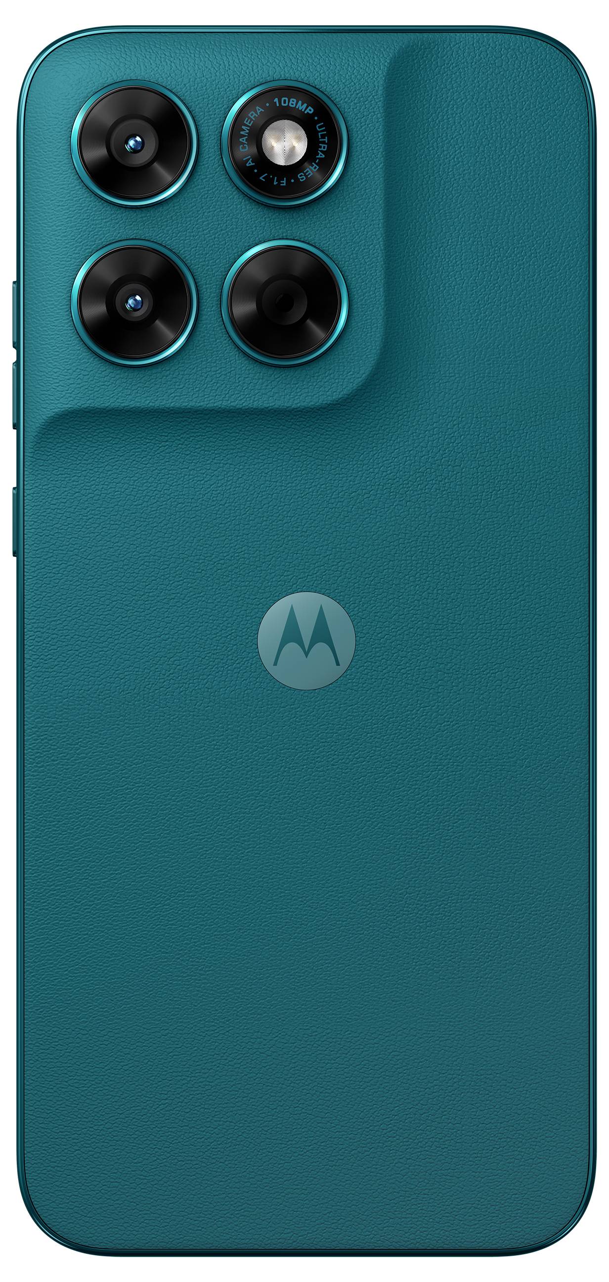 En smartphone med en blå struktureret bagside, bestående af et tredobbelt kameraopsætning og et Motorola-logo i midten.