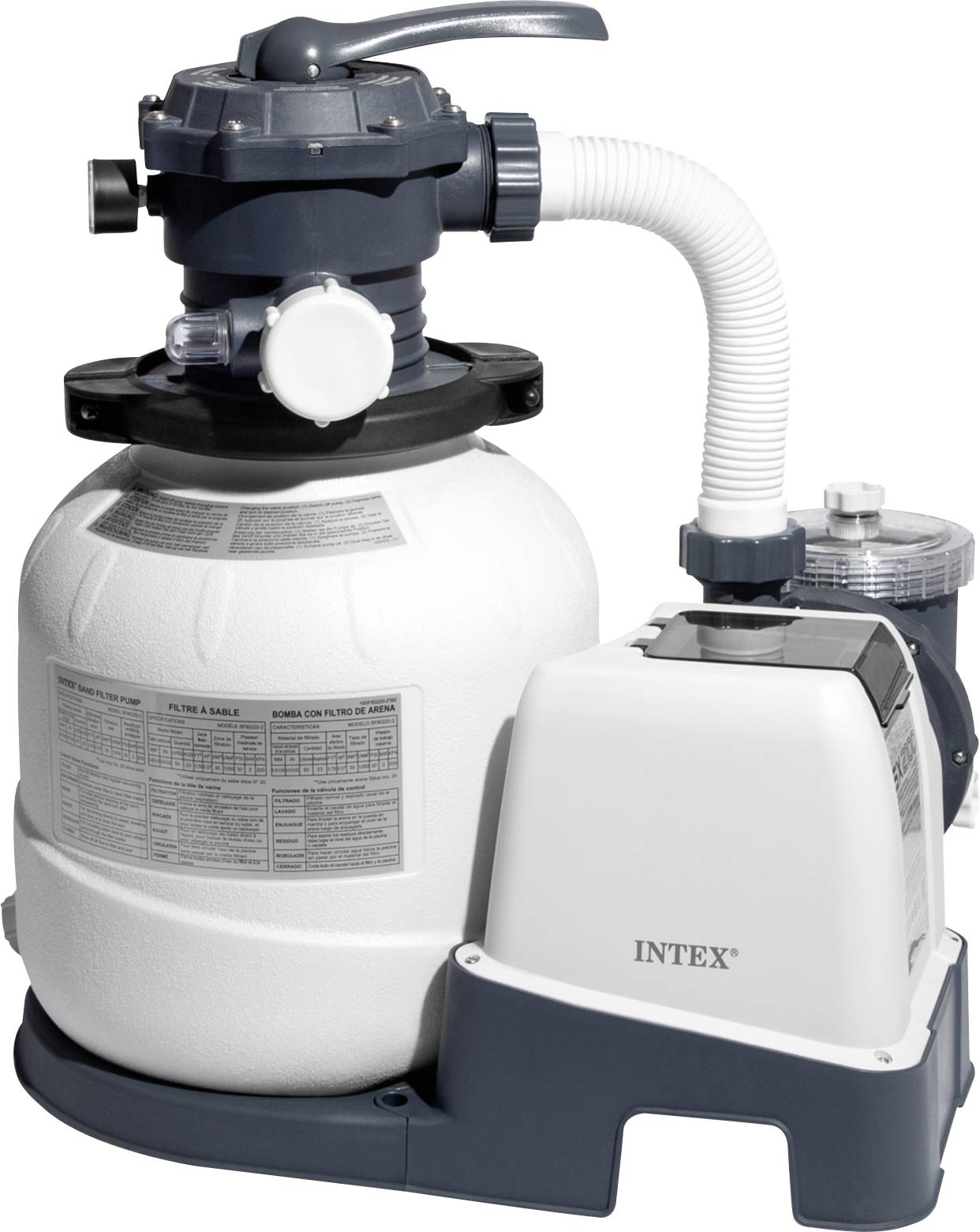 'Intex' mærket jordbassin sandfilterpumpesystem, med stor hvid tank med kontrolventil og tilsluttede slanger, som indikerer vand- filterings- og cirkulationsfunktion.