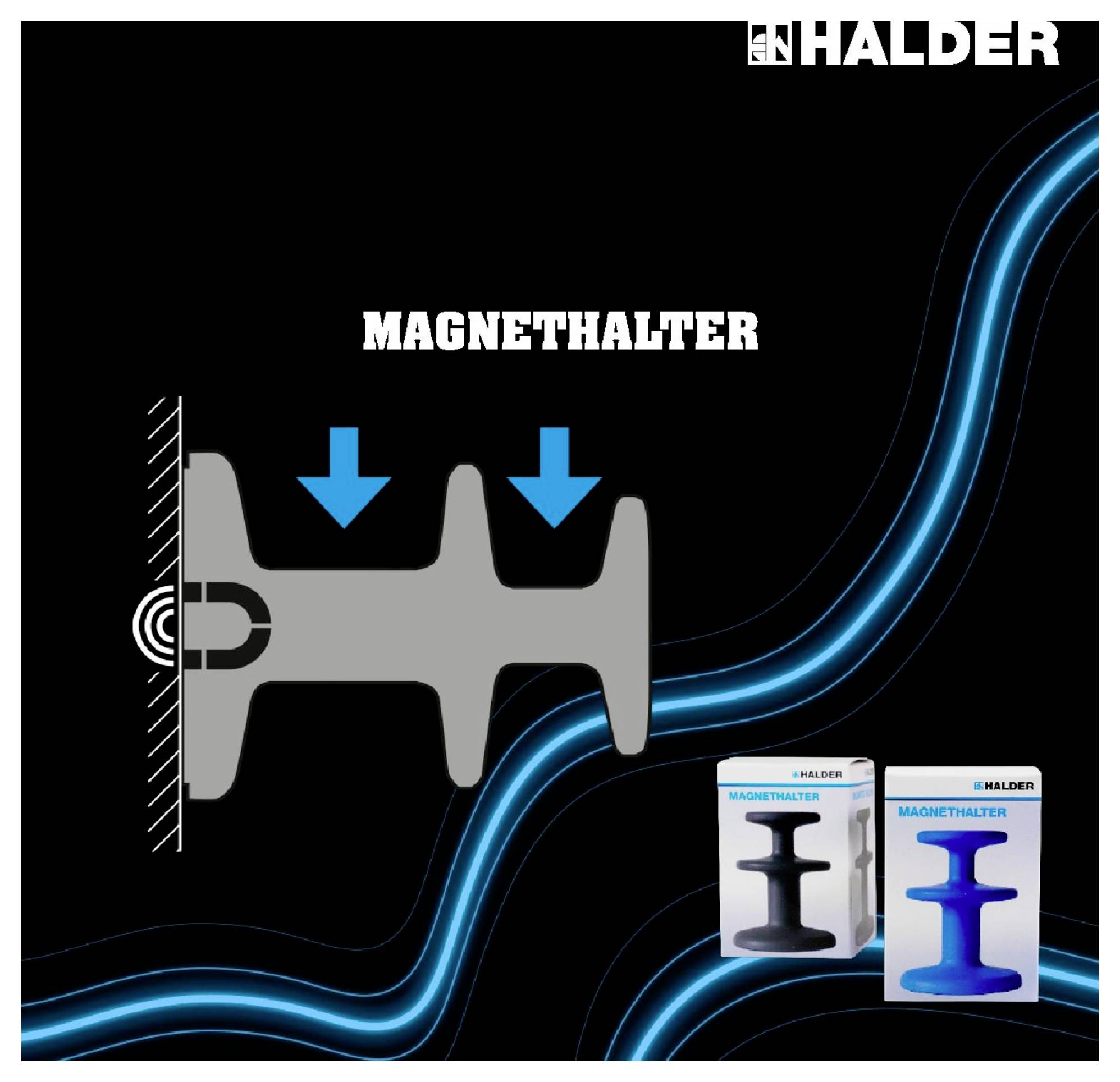 'Magnethalter' på sort baggrund, billede viser fastgørelse af en genstand med magneter. To emballager i nederste højre hjørne.