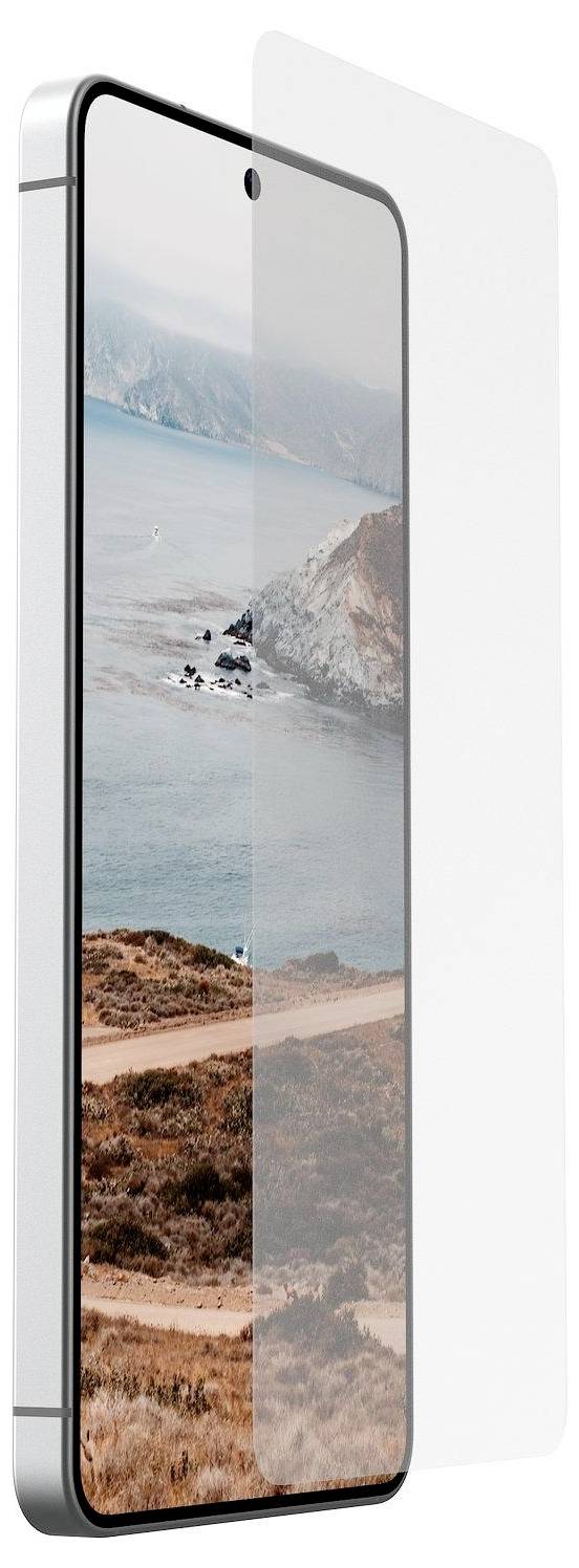 En smartphone med et gennemsigtigt cover vises i en vinkel, med et elegant design med synlig skærm og minimale skærmkanter.