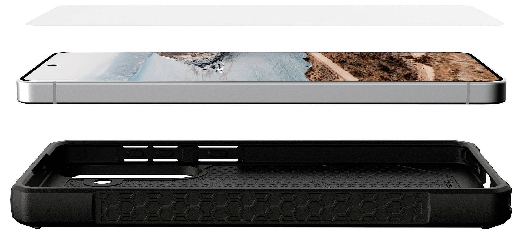 Et slidstærkt, orangefarvet UAG-telefoncover med robust, geometrisk mønster og forstærkede hjørner, designet til at beskytte en smartphone.