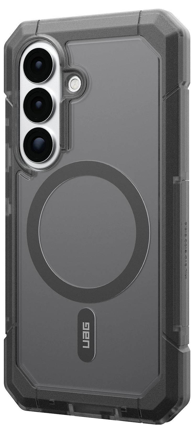 Et robust telefoncover med forstærkede hjørner og en transparent bagside, med et cirkulært design og tre udskæringer til kameraobjektiver.