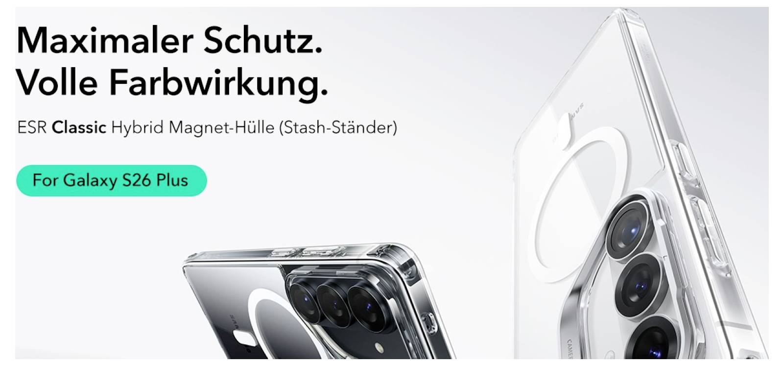 ESR-beskyttelsescover til Galaxy S26 Plus, tilbyder maksimal beskyttelse og farvegengivelse. Hybrid magnet-cover med stativ.