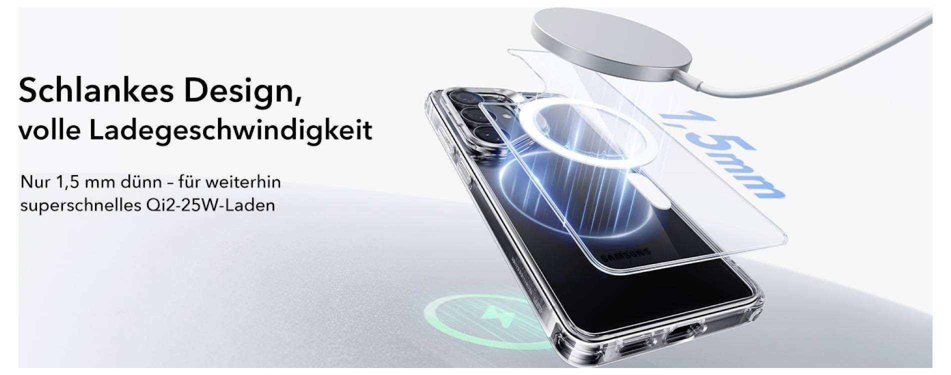 Slankt design, fuld ladehastighed. Kun 1,5 mm tynd – til fortsat superhurvt Qi2-25W-opladning' viser en mobiltelefon på en Qi-oplader med tynd adapter.