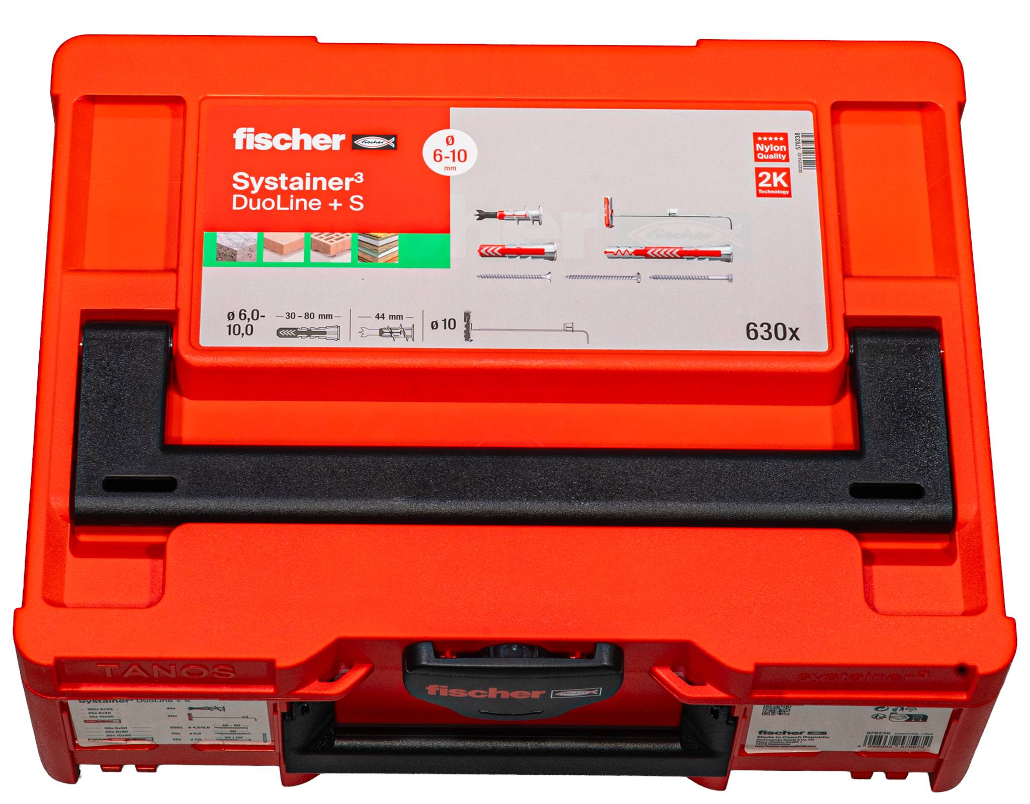 Rød Fischer Systainer opbevaringskasse med et mærkat, der viser ankre og skruer, markeret for 6-10 mm og 630x.