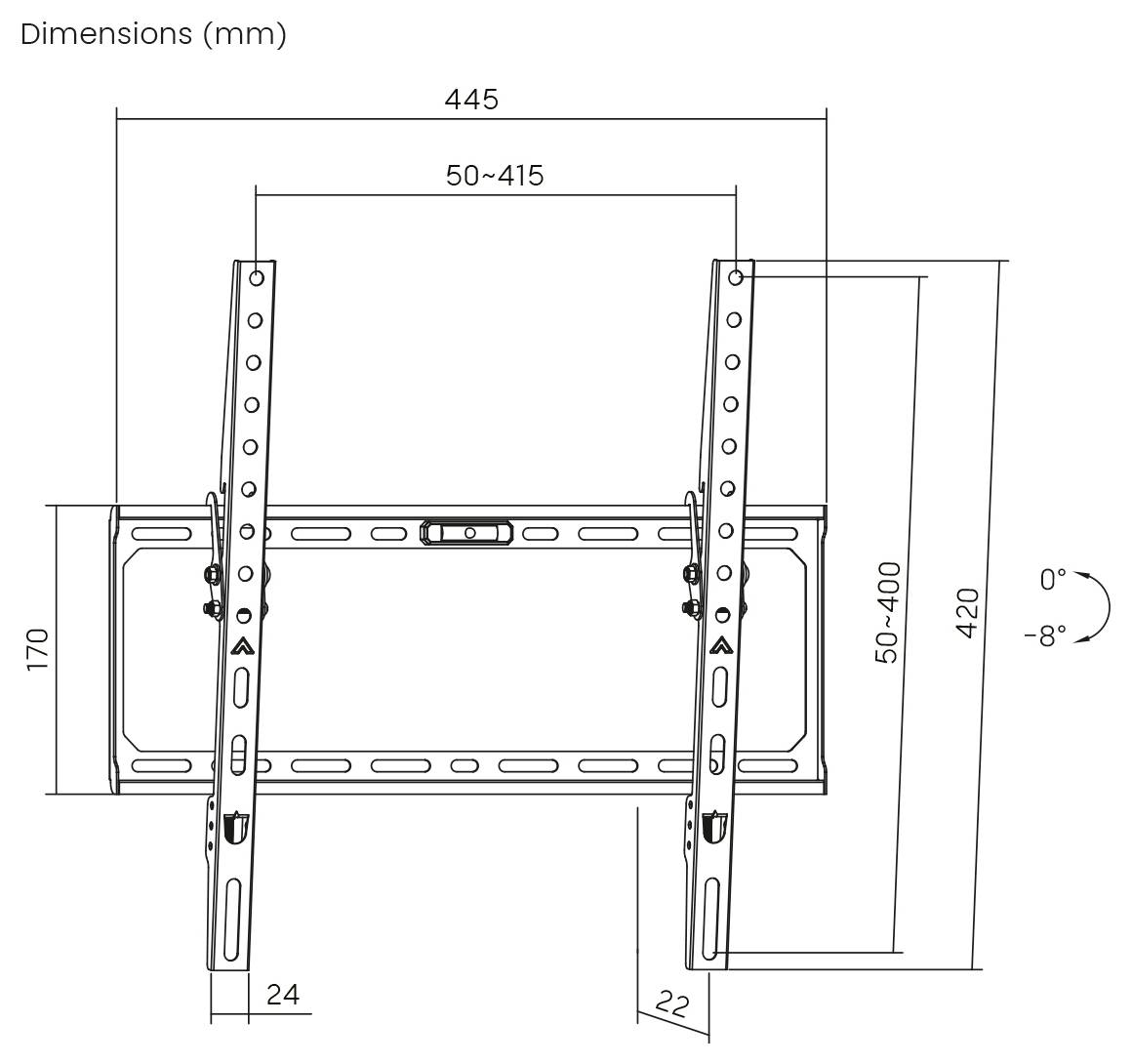 Illustration af en TV-vægbeslag med justerbar hældning. Viser dimensioner: bredde 445mm, højde 420mm og dybde 24mm. Hældningsområde: 0° til -8°.