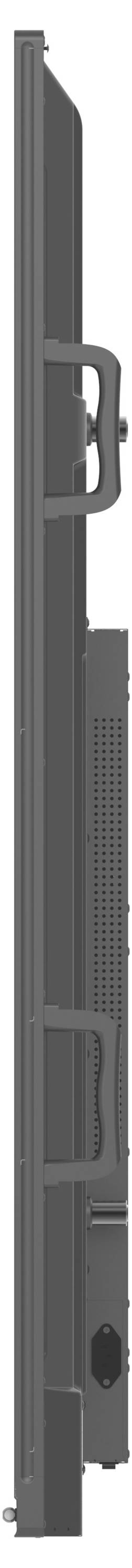 Sidevisning af en slank elektronisk enhed, der viser ventilationsåbninger og kontrolpaneler i lodret orientering.