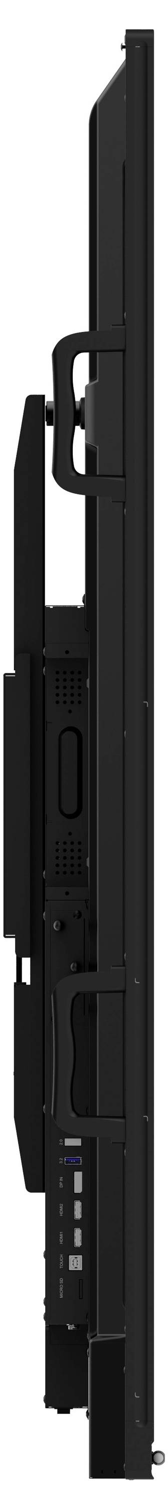Sidevisning af en sort lodret elektronisk enhed med et håndtag og porte, der viser dens tynde profil og elegant design.