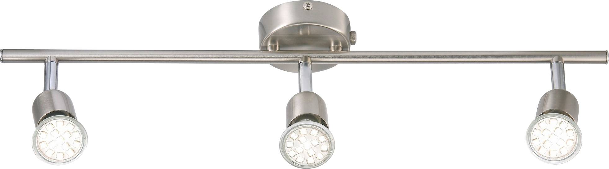 En moderne sølvfarvet loftsskinneleuchte med tre justerbare LED-spotlights arrangeret på en række, monteret på en cirkulær base.