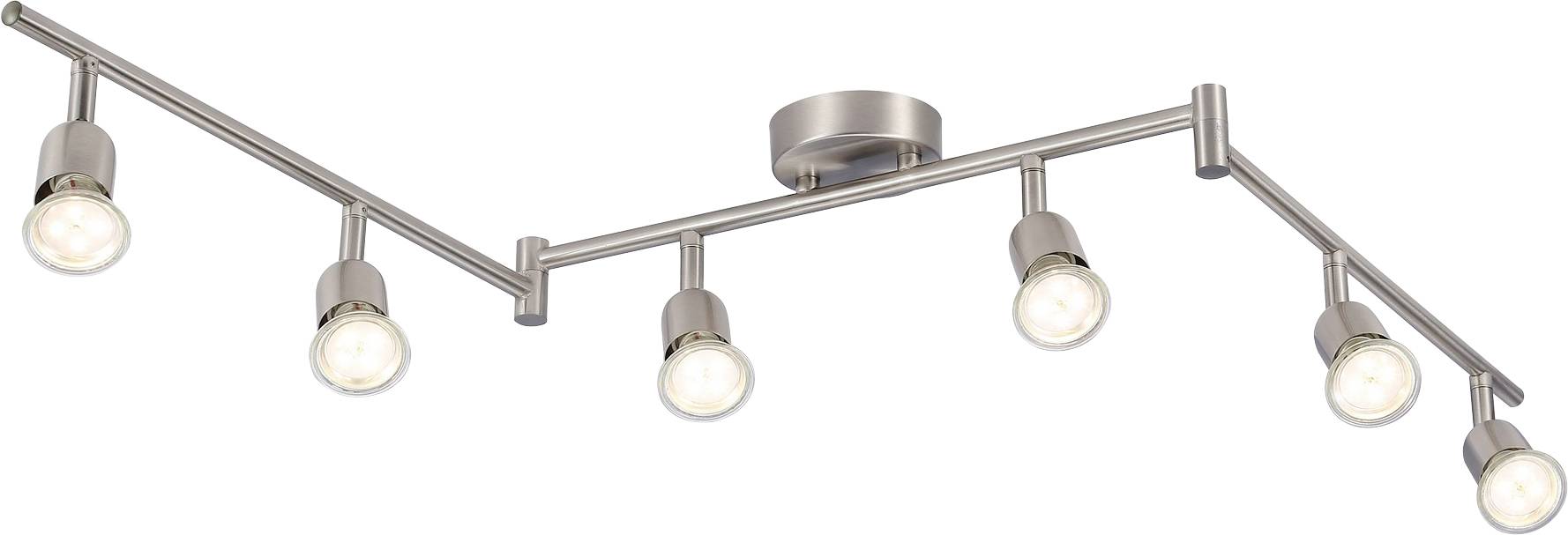 Et moderne sporkontaktbelysningsarmatur med seks justerbare spotlights i et elegant, børstet nikkelfinish.