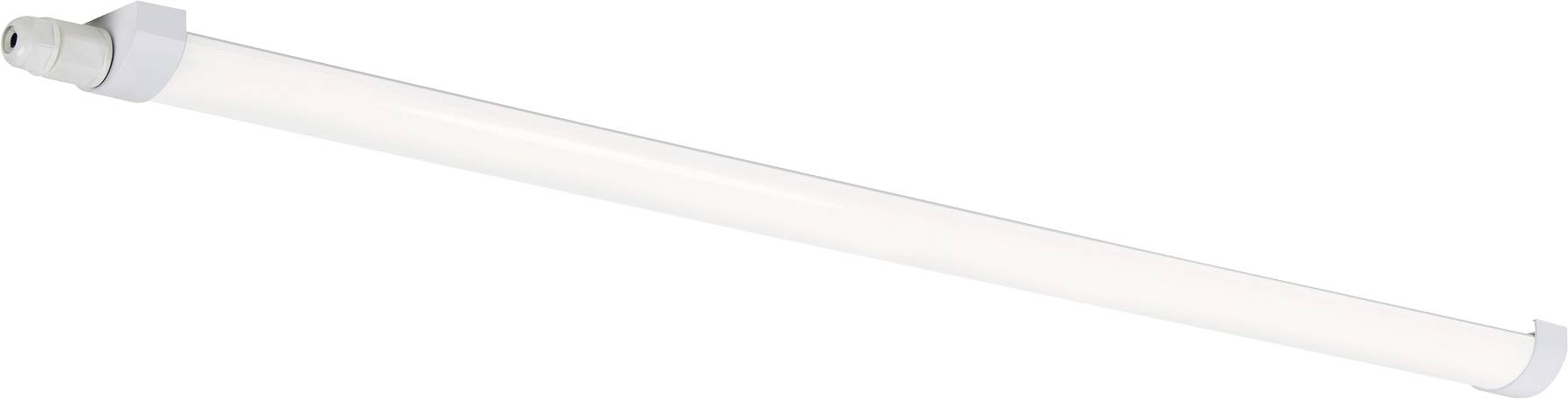 En hvid fluorescerende rørlys, set fra siden, med grå endekapper i begge ender, placeret diagonalt mod en plain baggrund.