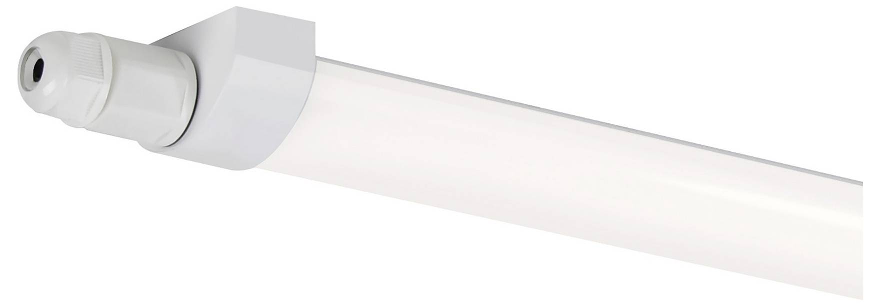 Et hvidt LED-rørlys med en grå endekappe, designet til energieffektiv belysning i indendørs miljøer.