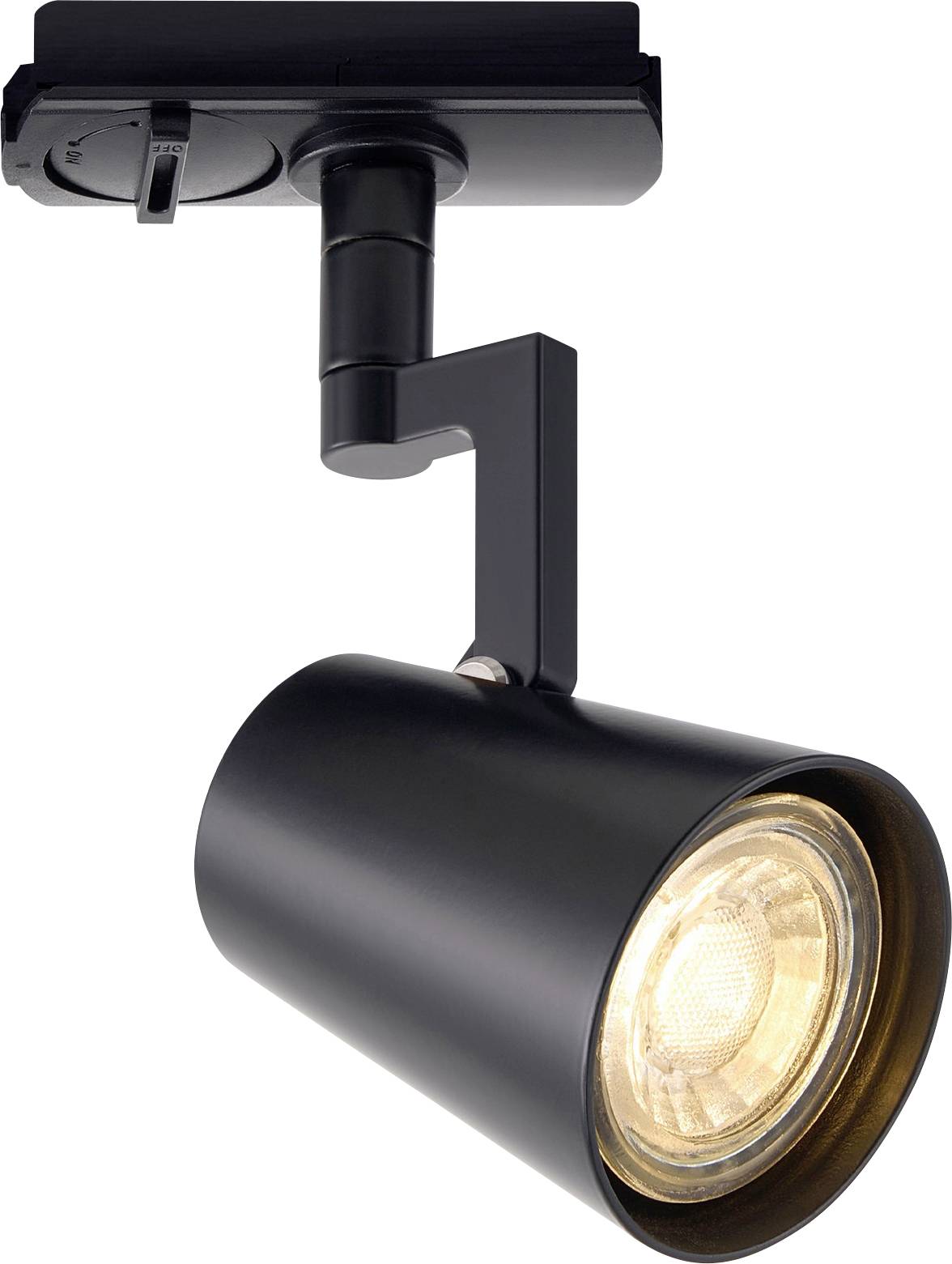 Et sort sporkig armatur med en justerbar spotlight, oplyst med en varm glød, sandsynligvis brugt til at fremhæve specifikke områder.