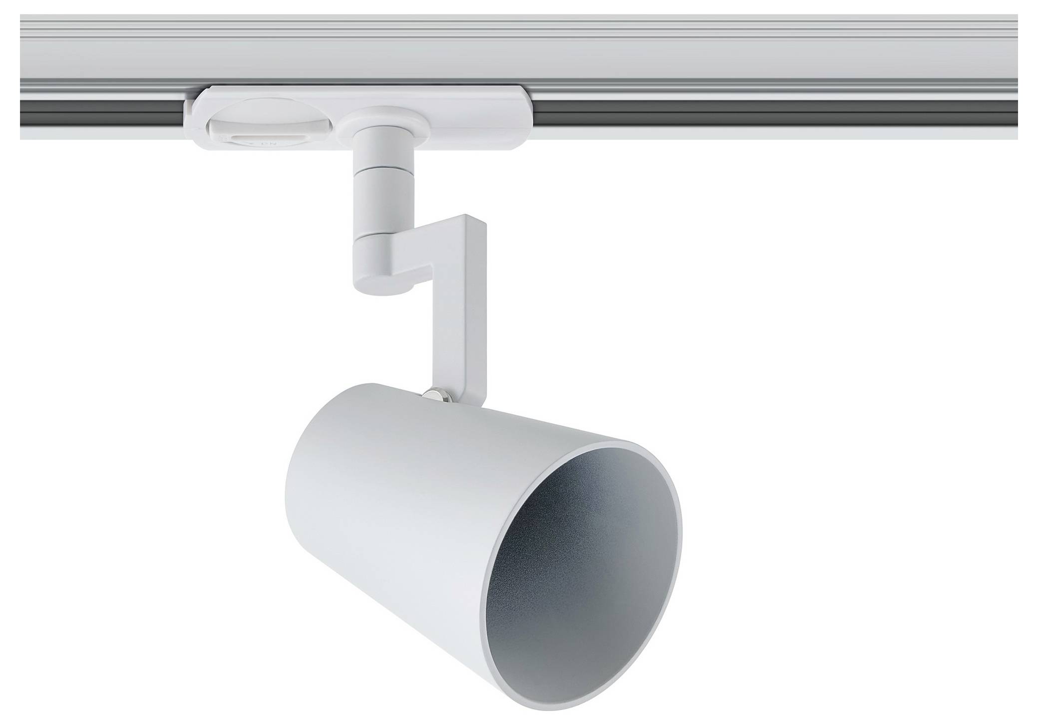 En moderne hvid sporlampe med en cylindrisk spotlight hænger fra et loftmonteret spor og er designet til justerbar belysning.