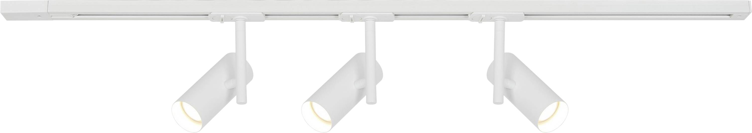 Et hvidt sporbeliggenhed med tre justerbare spotlights, hver vinklet nedad, monteret på et loftskinnestyr.