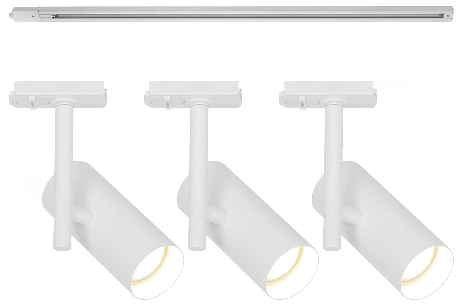 'Skinnelysanlæg' der viser en skinne og tre justerbare hvide cylinderformede spotlights, der bruges til retningsbestemt belysning i interiører.