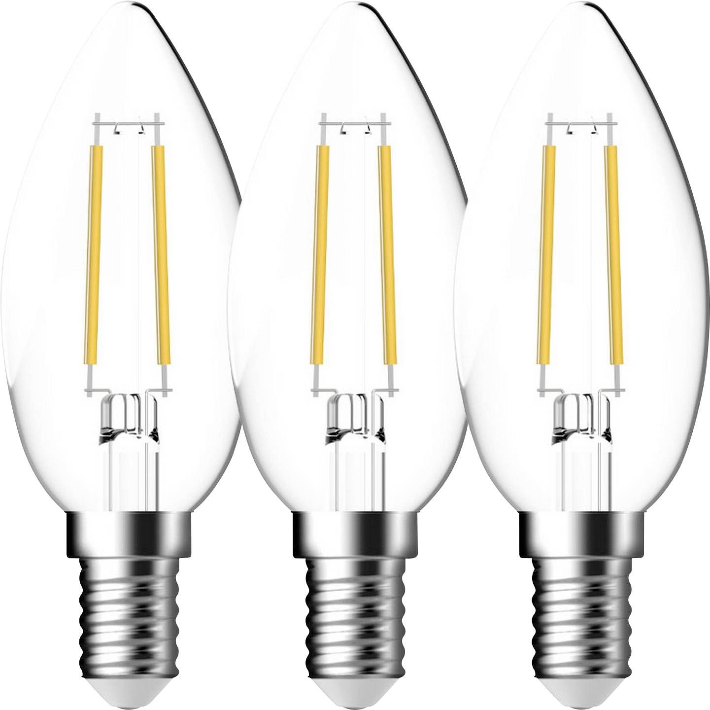 Tre LED-glødetrådspærer med gennemsigtig glas og skruegevind er opstillet lodret mod en hvid baggrund.