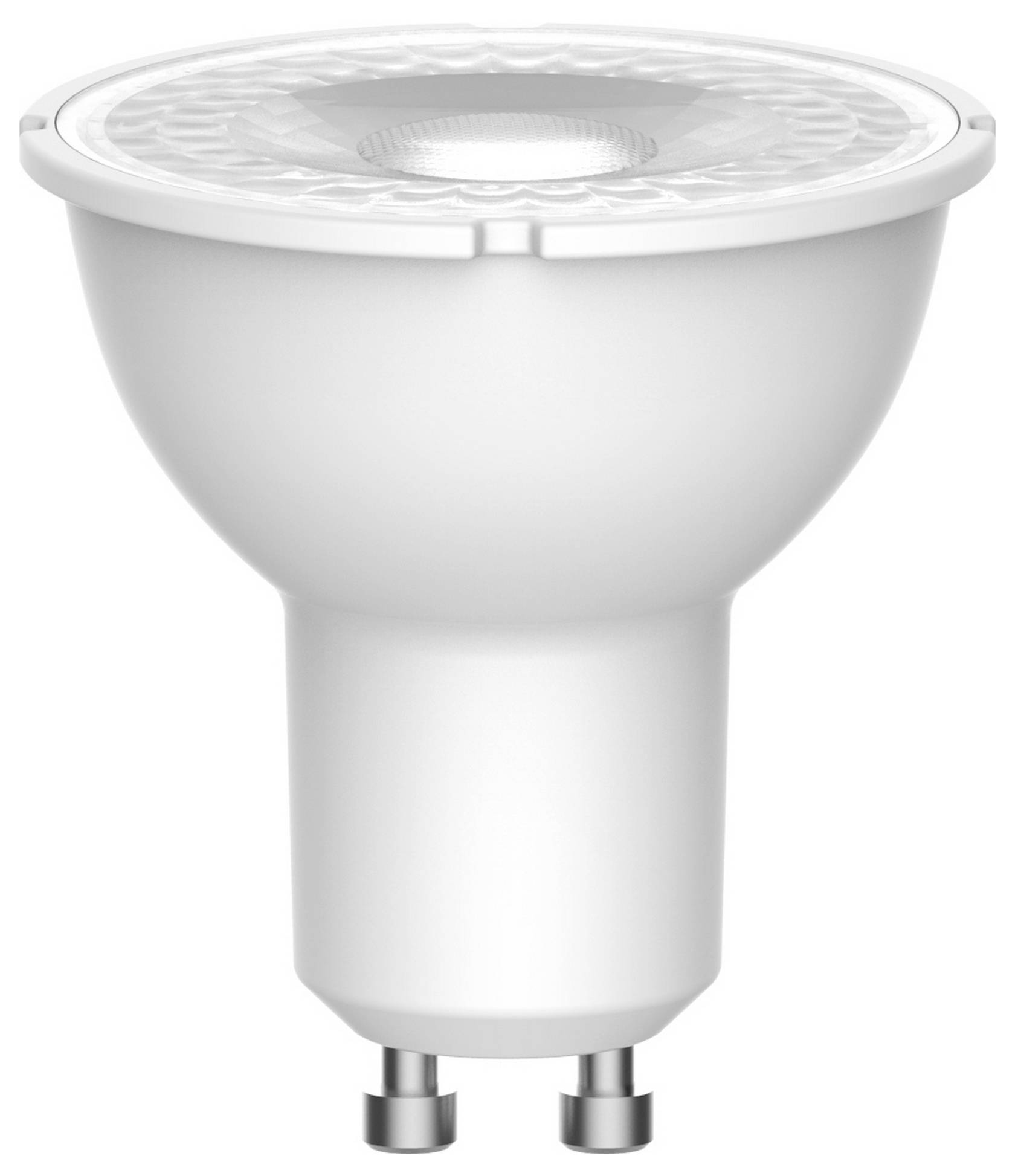 En hvid LED-pære med GU10-sokkel, designet til spotlights og energieffektiv belysning.