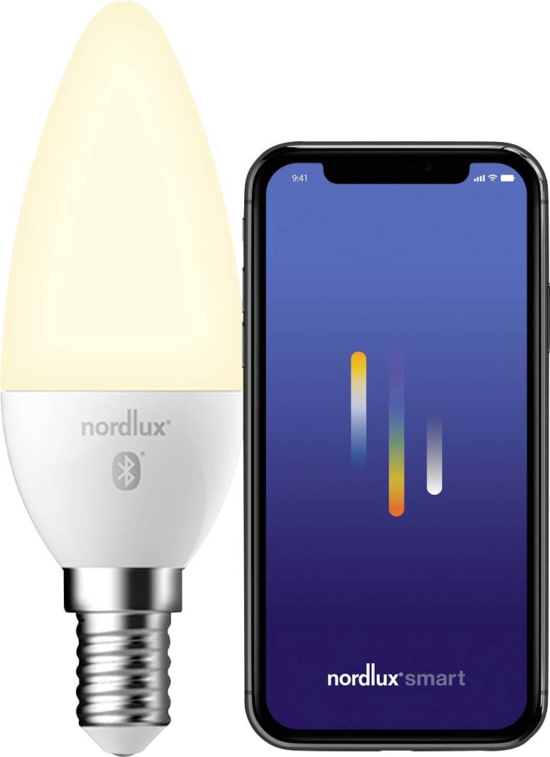 En smart lyspære ved siden af en smartphone, der viser 'nordlux smart'-appen, som demonstrerer tilslutningsfunktioner via Bluetooth.