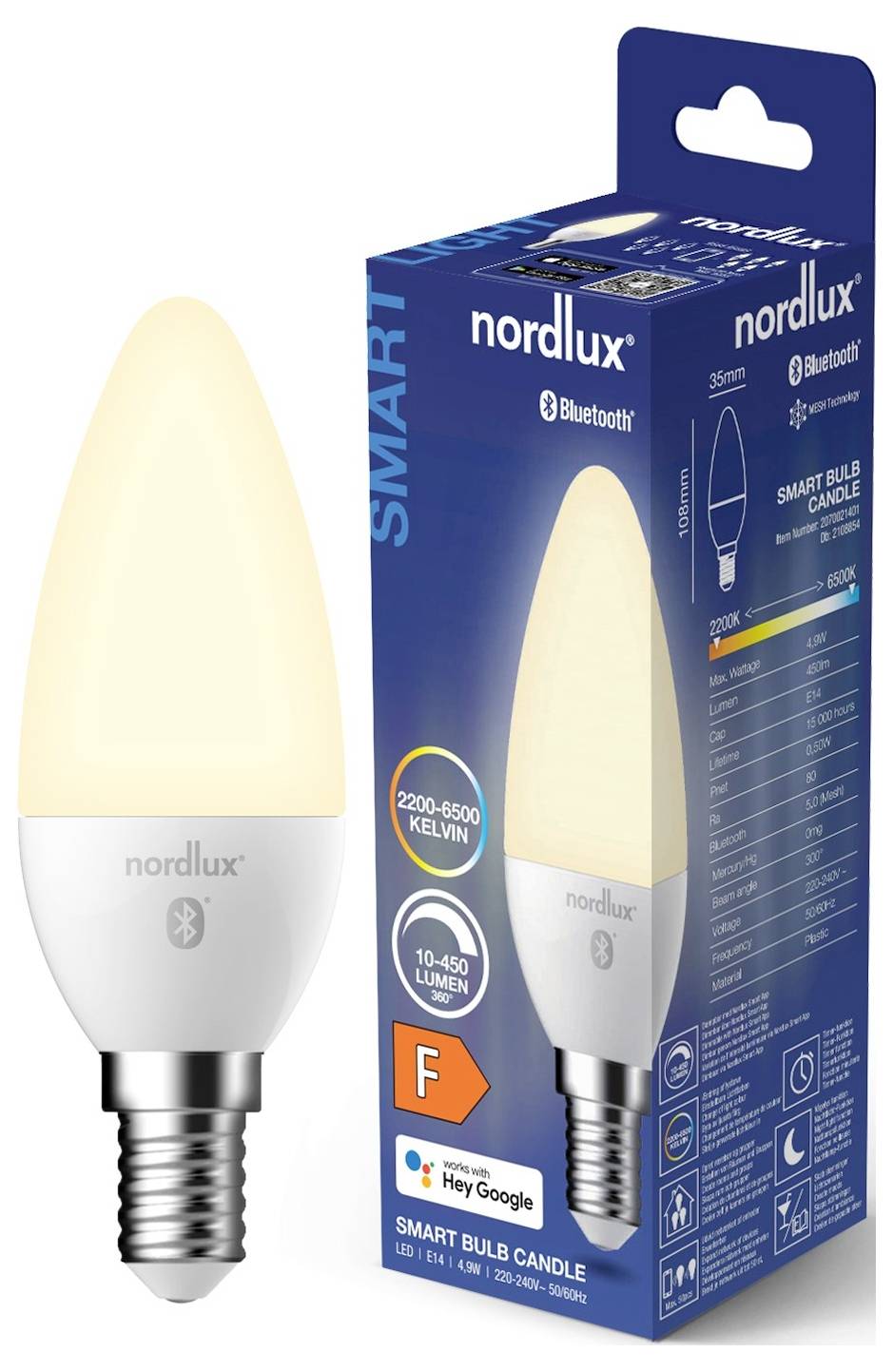 En 'nordlux' smart pære og dens emballage med Bluetooth-forbindelse, justerbar Kelvin (2200-6500) og 10-450 lumen. Kompatibel med Google Assistant.