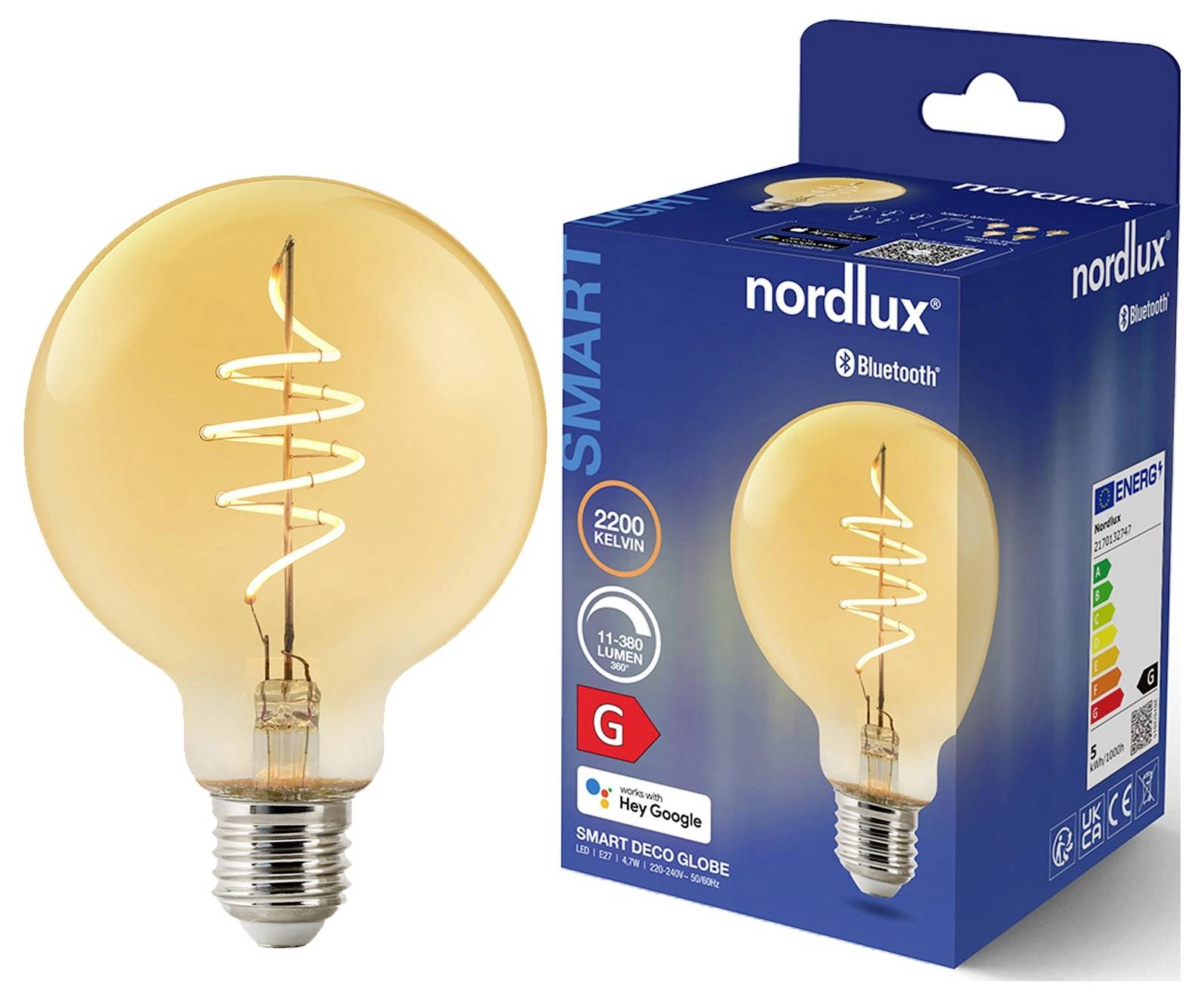 Smart LED-pære og emballage. Pæren udsender varmt lys ved 2200 Kelvin, kompatibel med Bluetooth og Google Home. Energiklasse G.