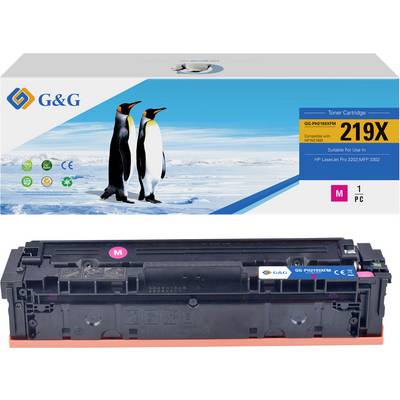 En printertonerkassettæske med et foto af tre pingviner på is. Æsken er mærket "G&G 219X" og "Kompatibel med HP LaserJet Pro 3002 MFP 3002".