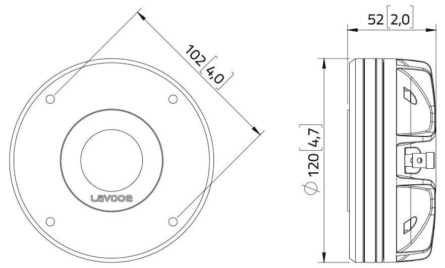 Teknisk tegning af en cirkulær genstand med dimensionerne 120 mm, 102 mm og 52 mm anført, inklusiv en sidevisning, der viser strukturen i detaljer.