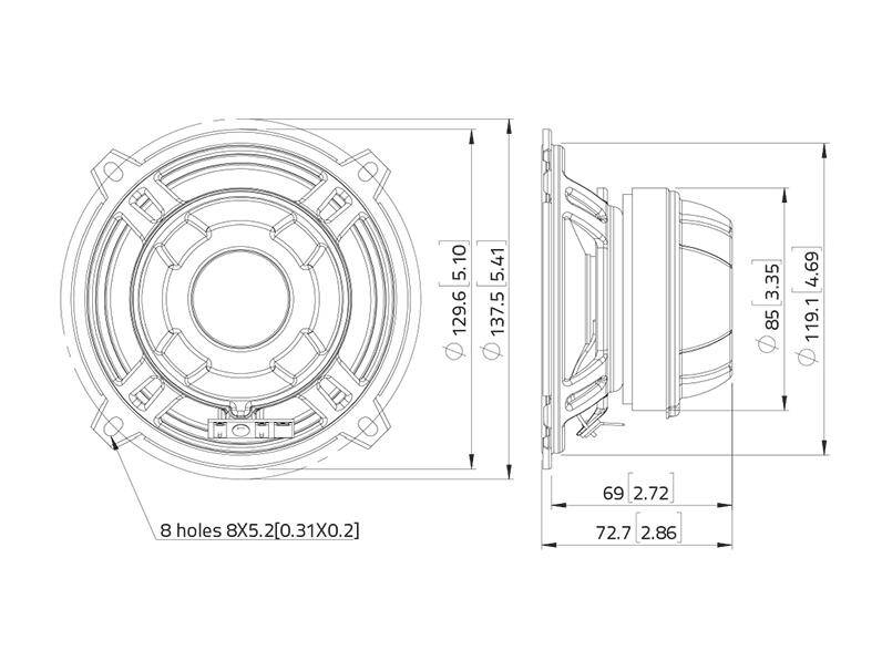 Teknisk tegning af en cirkulær højtaler med dimensioner i millimeter og tommer, side- og frontvisninger vist, viser hul- og diametermålinger.