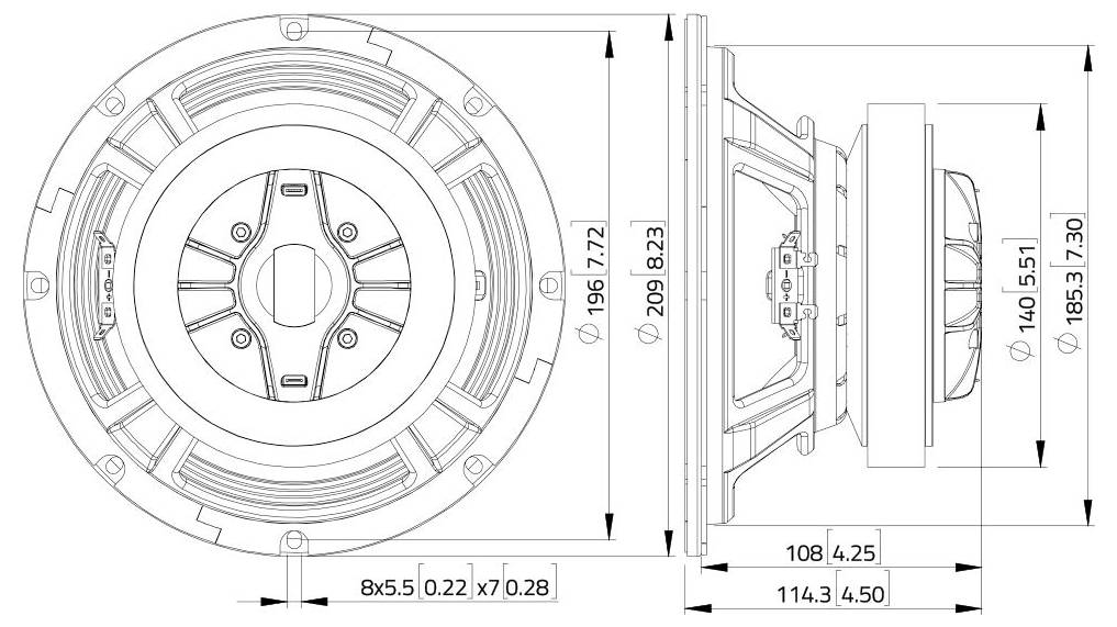 'Teknisk diagram af en højttalerdriver, der viser front- og sidevisninger med detaljerede mål i millimeter og tommer.'