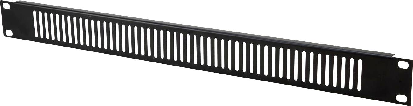 Et sort 1U ventileret rackpanel med lodrette spalter, brugt til luftstrømning i serverracks.