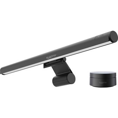 Sort Sygonix clip-på LED-lyslinje med justerbar montering, vist ved siden af en separat rund cylindrisk base på hvid baggrund.