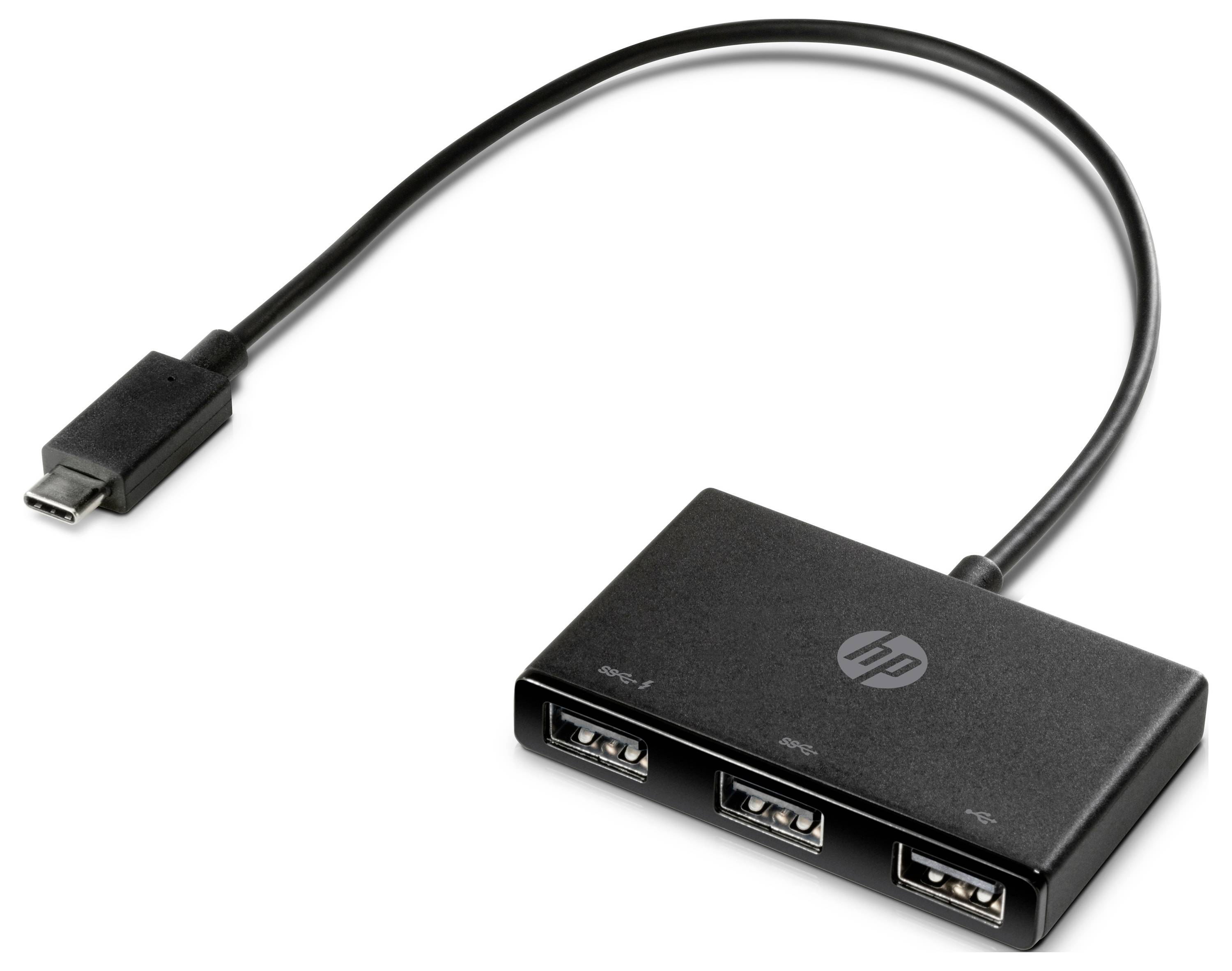 USB-C til tre-port USB-A adapter-hub med HP-logo, vist på hvid baggrund.
