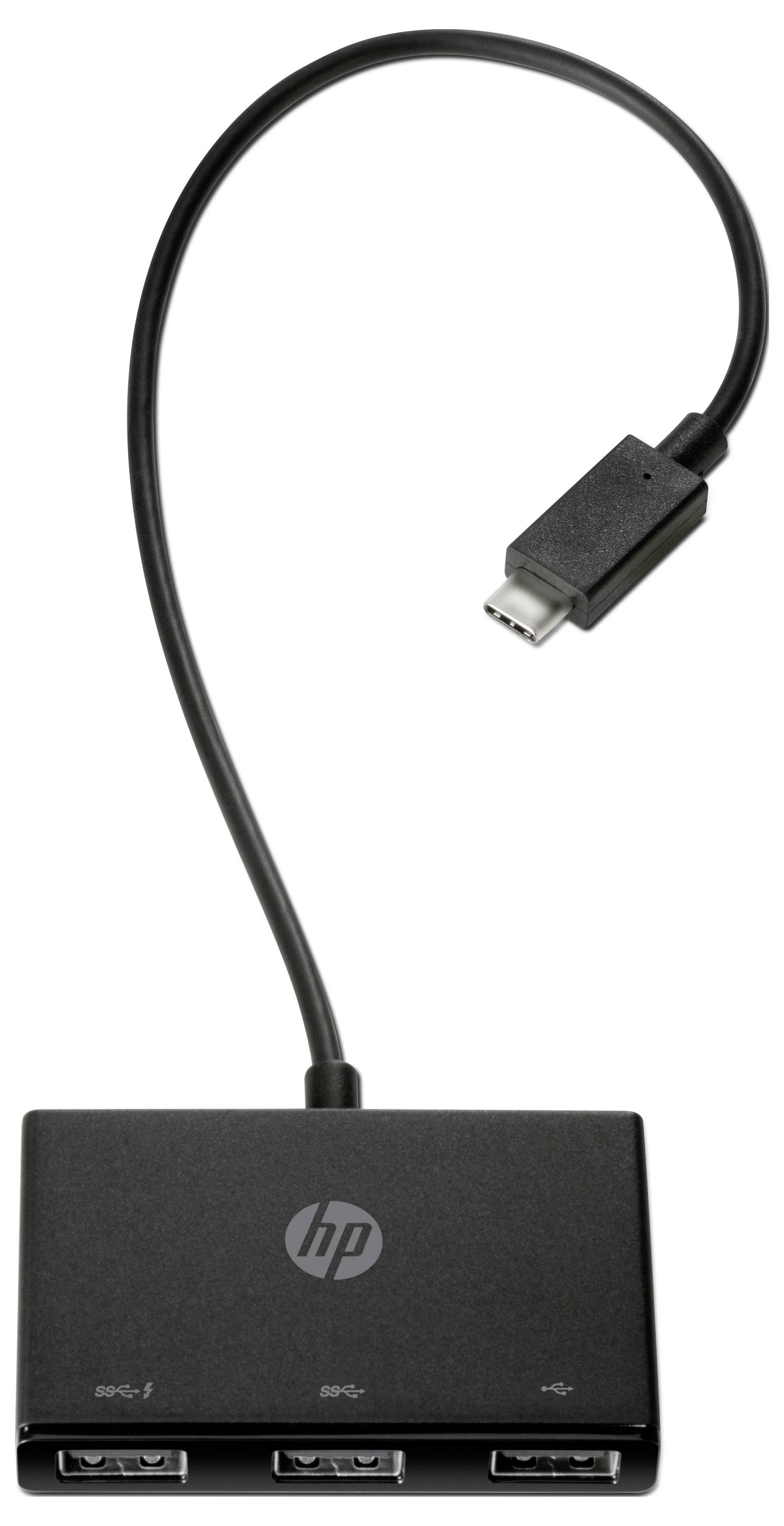 En sort HP USB-C til 3-port USB-A hub med et kort kabel.