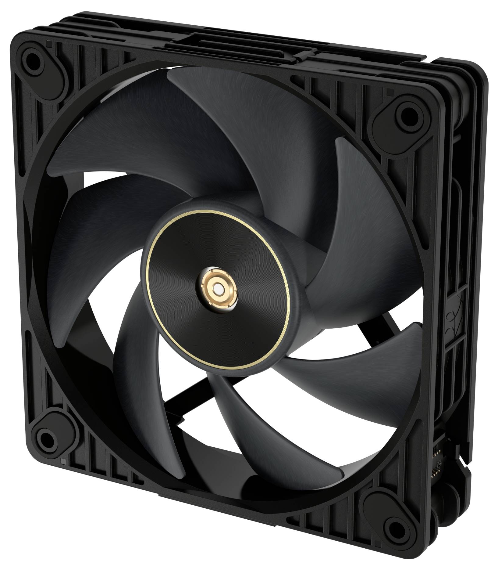 En sort computerfan med et fem-blads design, med en cirkulær guldaccent i midten, designet til effektiv køling.