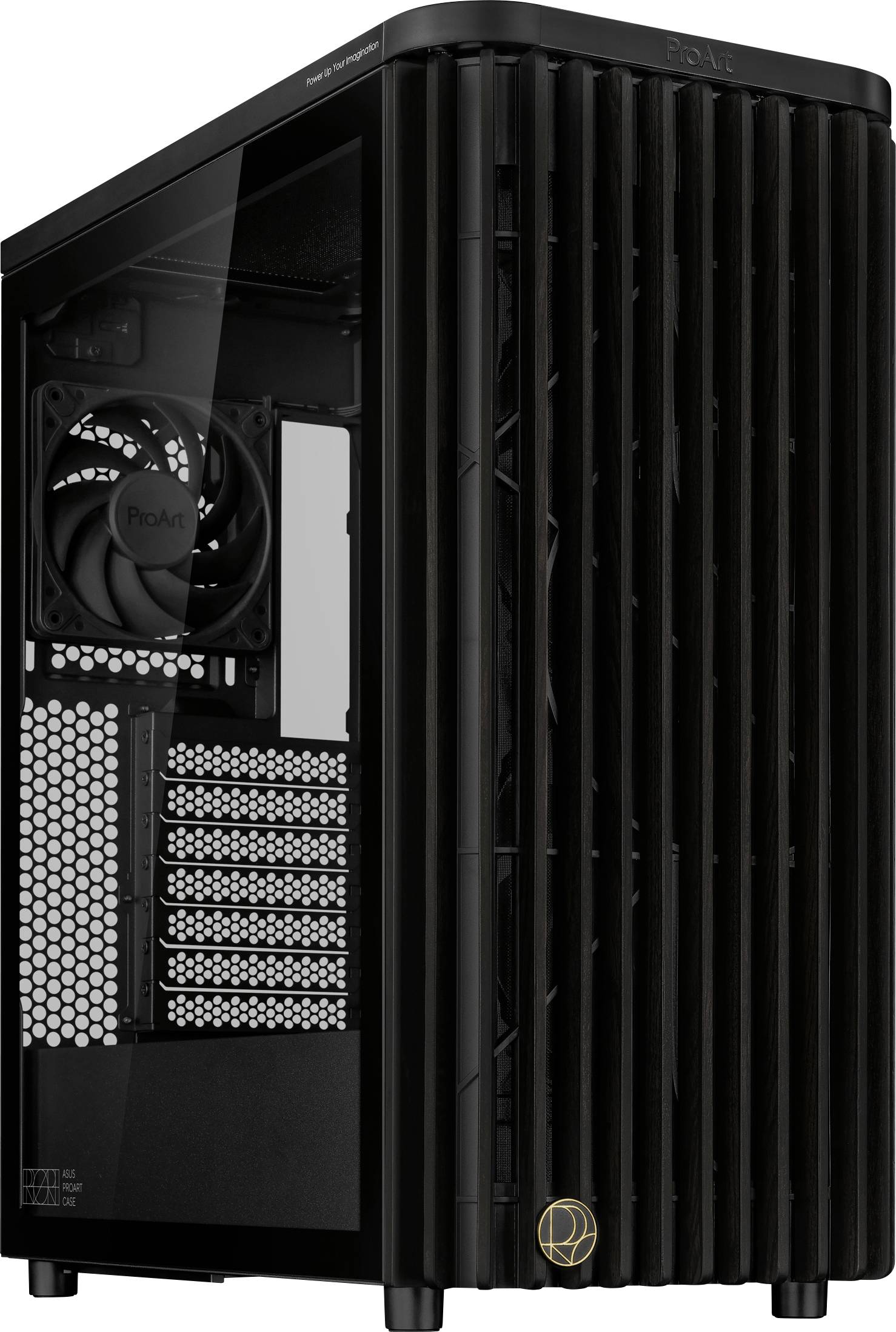 Et sort computertower-kabinet med ventilationshuller på forsiden og et sideprospekt-vindue, der viser indvendig adgang og køleventilator.