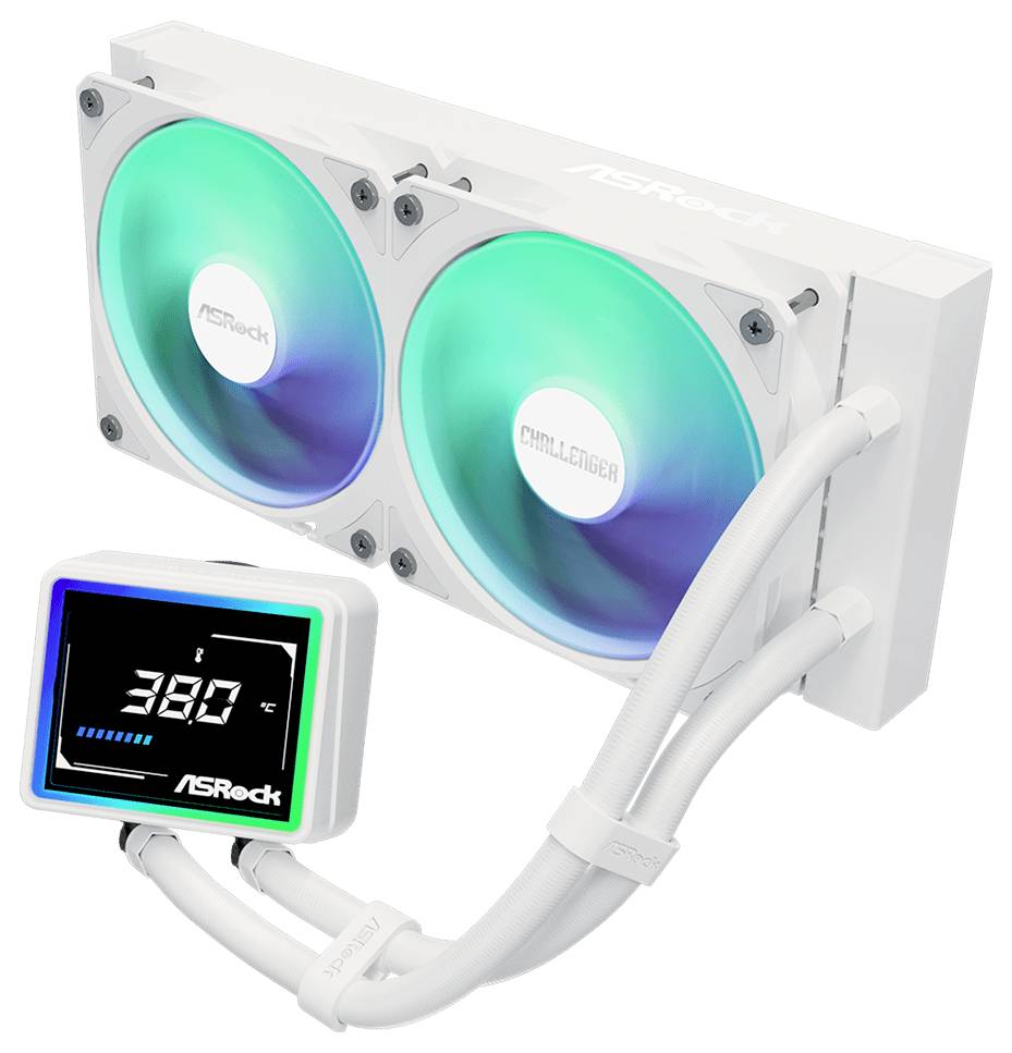 ASRock væske-CPU-køler med dobbelte RGB-fans, radiator, slanger og et digitalt display, der viser 38,0°C.