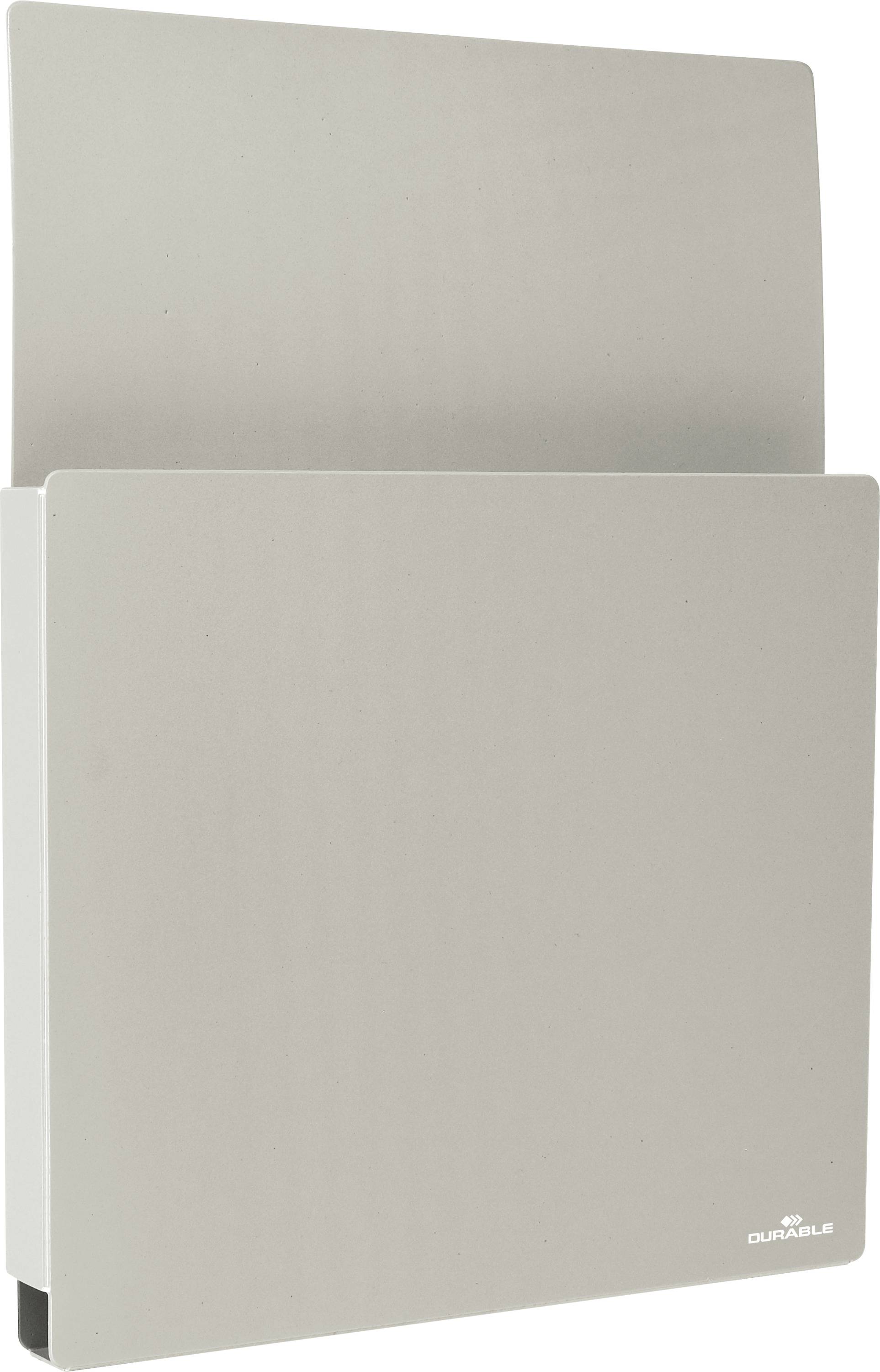 En metal vægmonteret magasinholder med minimalistisk design og ordet 'Durable' trykt i nederste højre hjørne.
