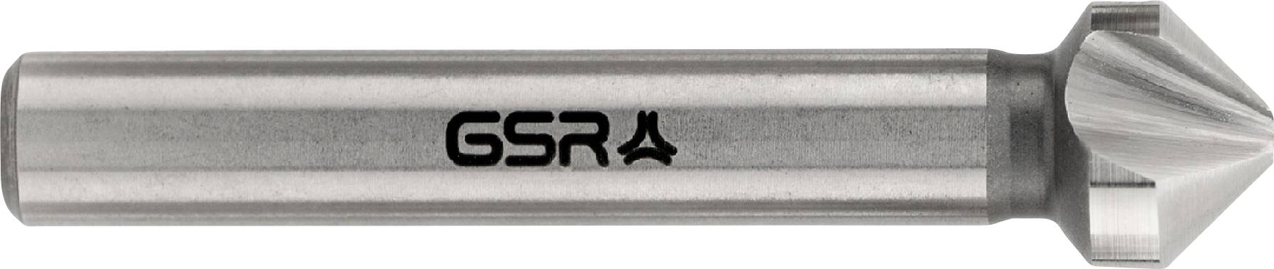 Et metalkeglesænkningsværktøj med en konisk spids, indgraveret med teksten 'GSR'.