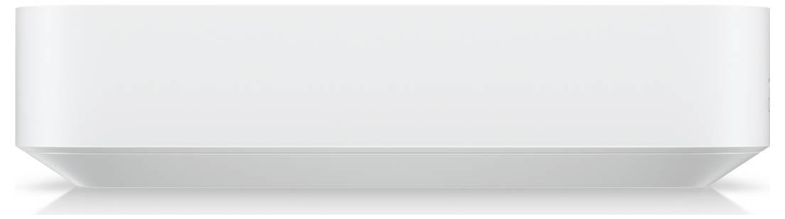 En minimalistisk, rektangulær hvid elektronisk enhed med glatte kanter set fra siden, sandsynligvis en netværkskomponent eller hub.