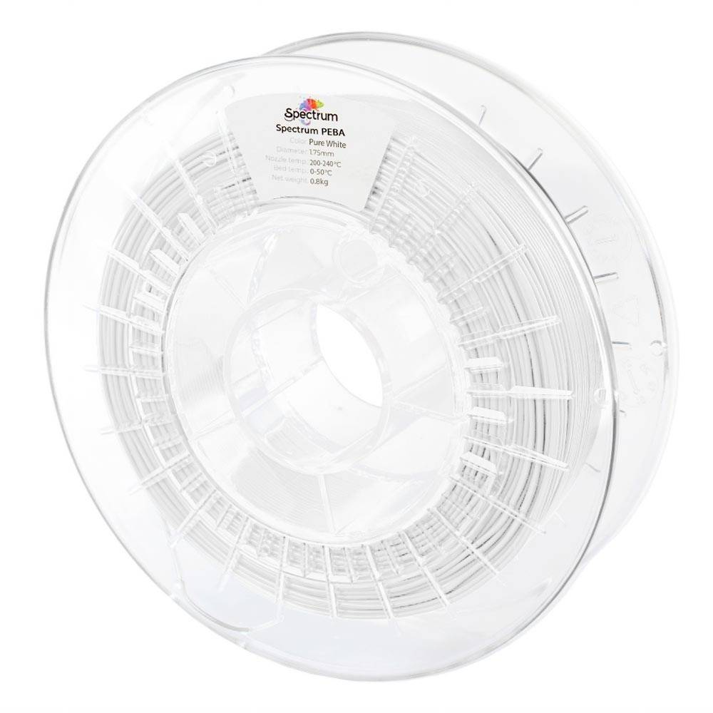 Transparent spolie med 3D-printfilament mærket Spectrum Spectrum PEBA, Pure White, vist på en klar plastikhjul.