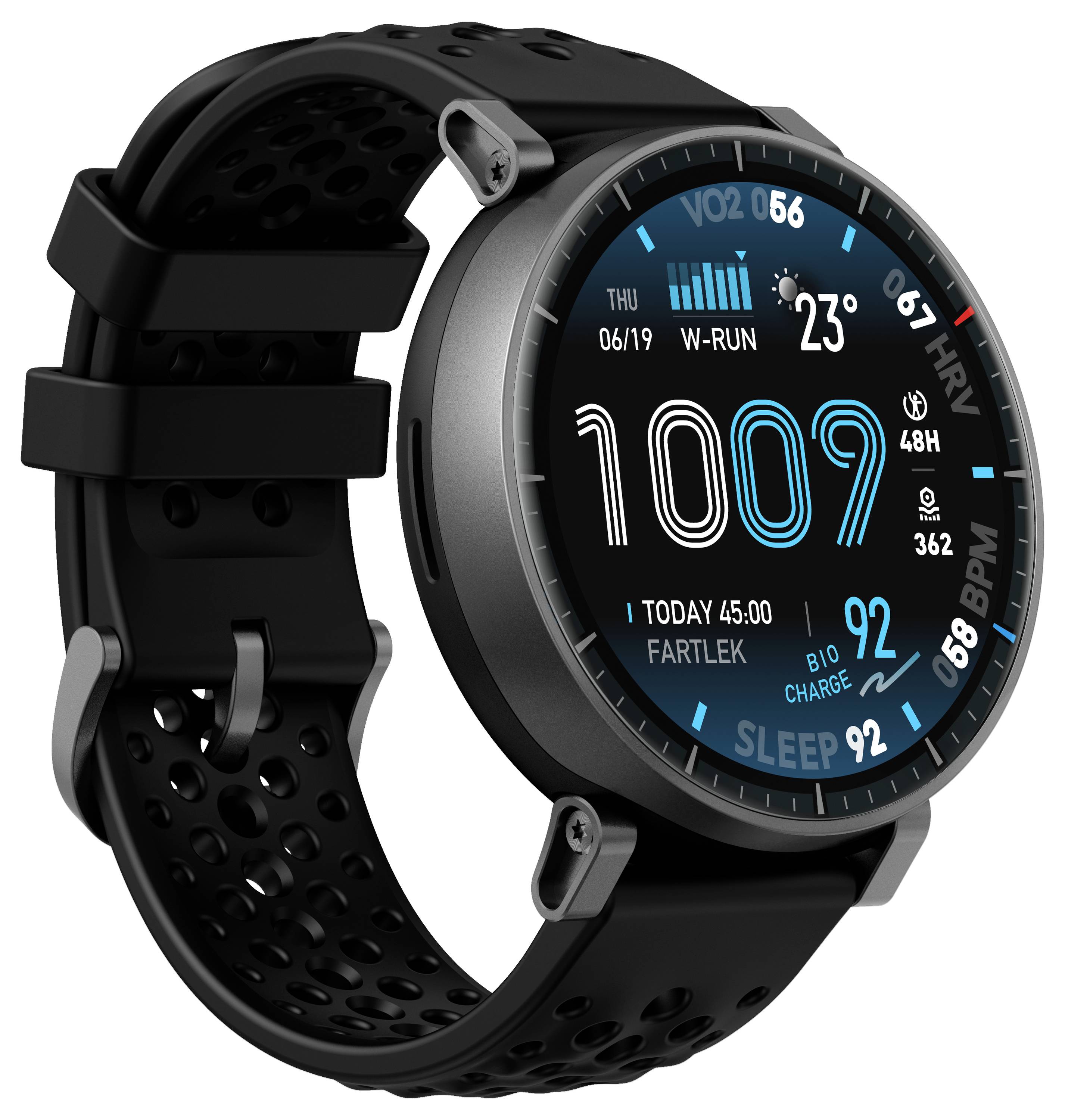 Et rundt digitalt smartwatch, der viser tid, dato, skridt, puls og vejr. Med sort bånd og multifunktionelt interface.