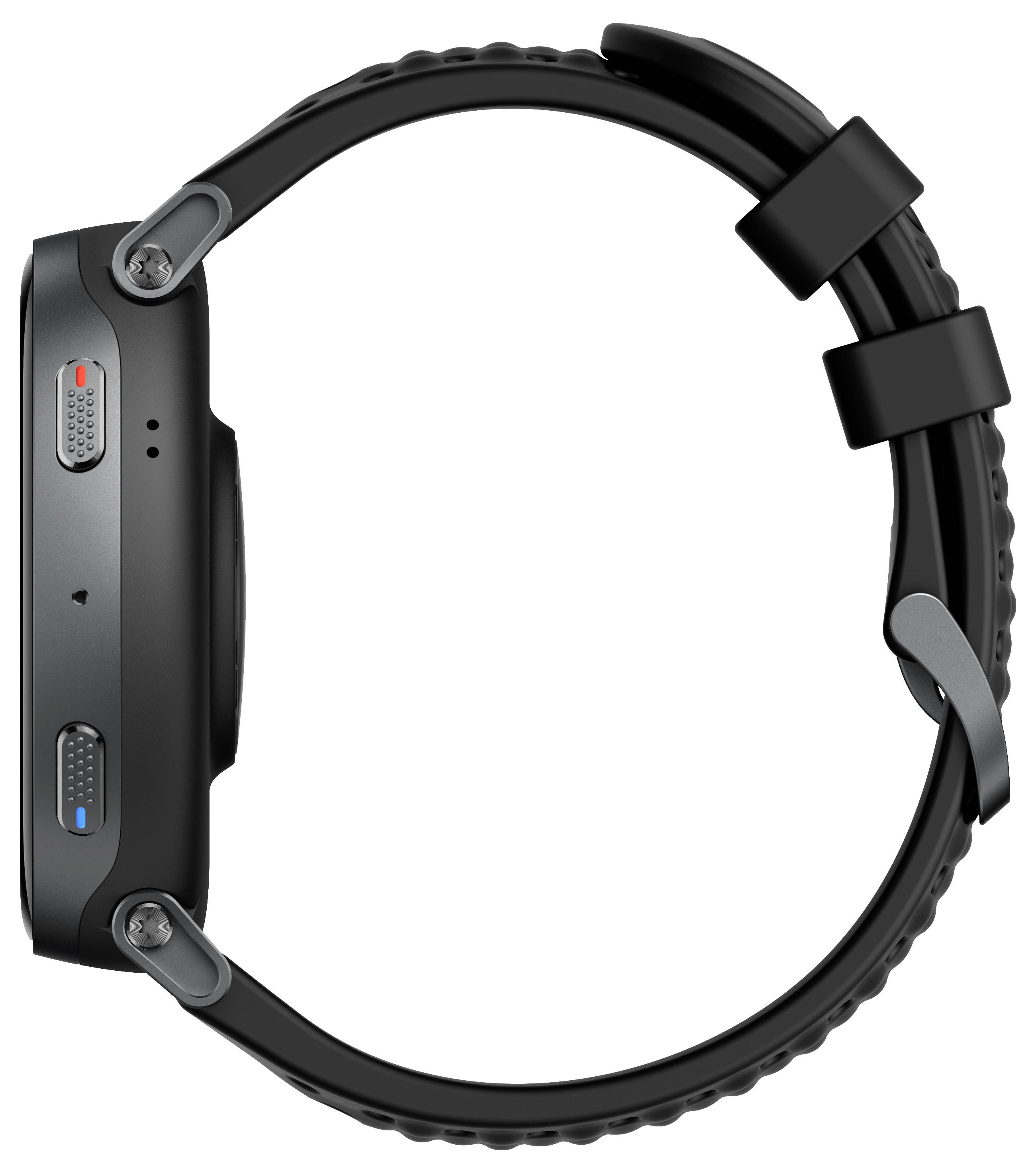 En sort smartwatch vist fra siden, der viser dens to knapper og et bånd med en spænde.