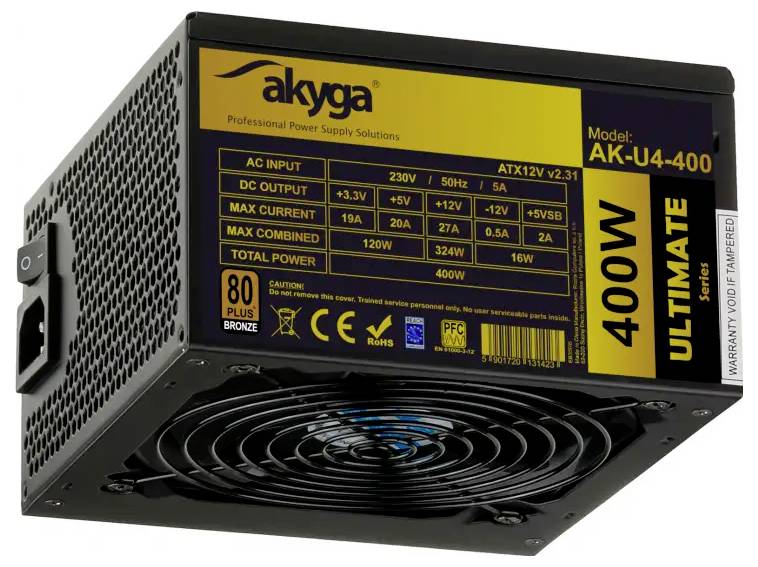 'akyga 400W Ultimate' strømforsyningsenhed, model AK-U4-400. Funktioner: 230V, 50Hz, maksimal strøm 19A, med 80 Plus Bronze-effektivitet.